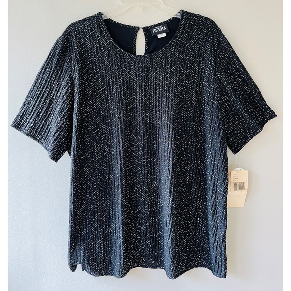 Erena Plus Sz 2X Black Pullover Shiny Blouse Textured Short Sleeves Side Slits - Picture 1 of 8